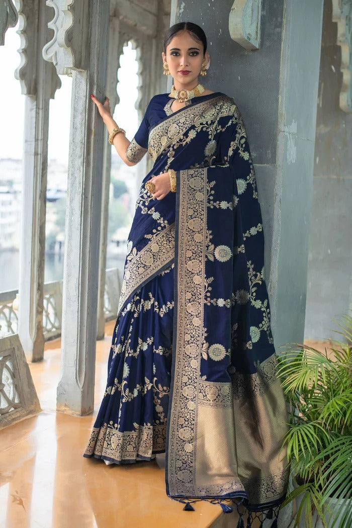 Navy Blue Lichi Silk Saree with Rich Golden Zari Work
