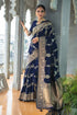 Navy Blue Lichi Silk Saree with Rich Golden Zari Work for Women