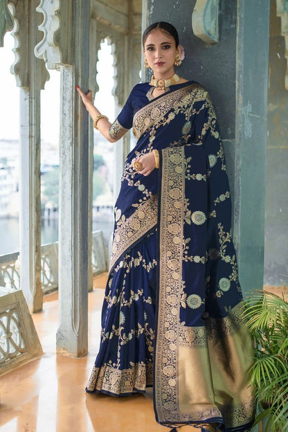 Navy Blue Lichi Silk Saree with Rich Golden Zari Work for Women
