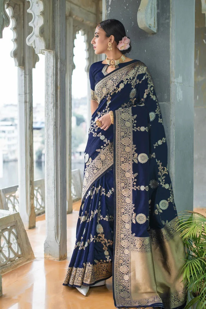 Navy Blue Lichi Silk Saree with Rich Golden Zari Work for Women