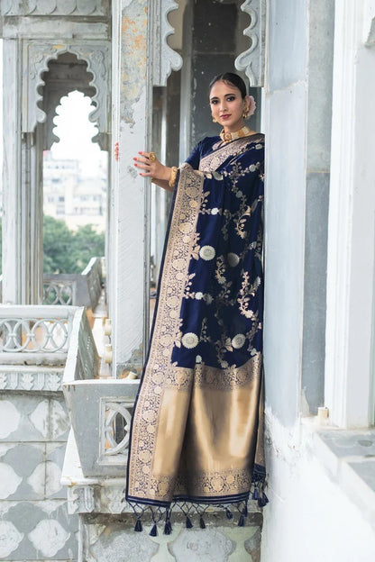 Navy Blue Lichi Silk Saree with Rich Golden Zari Work for Women
