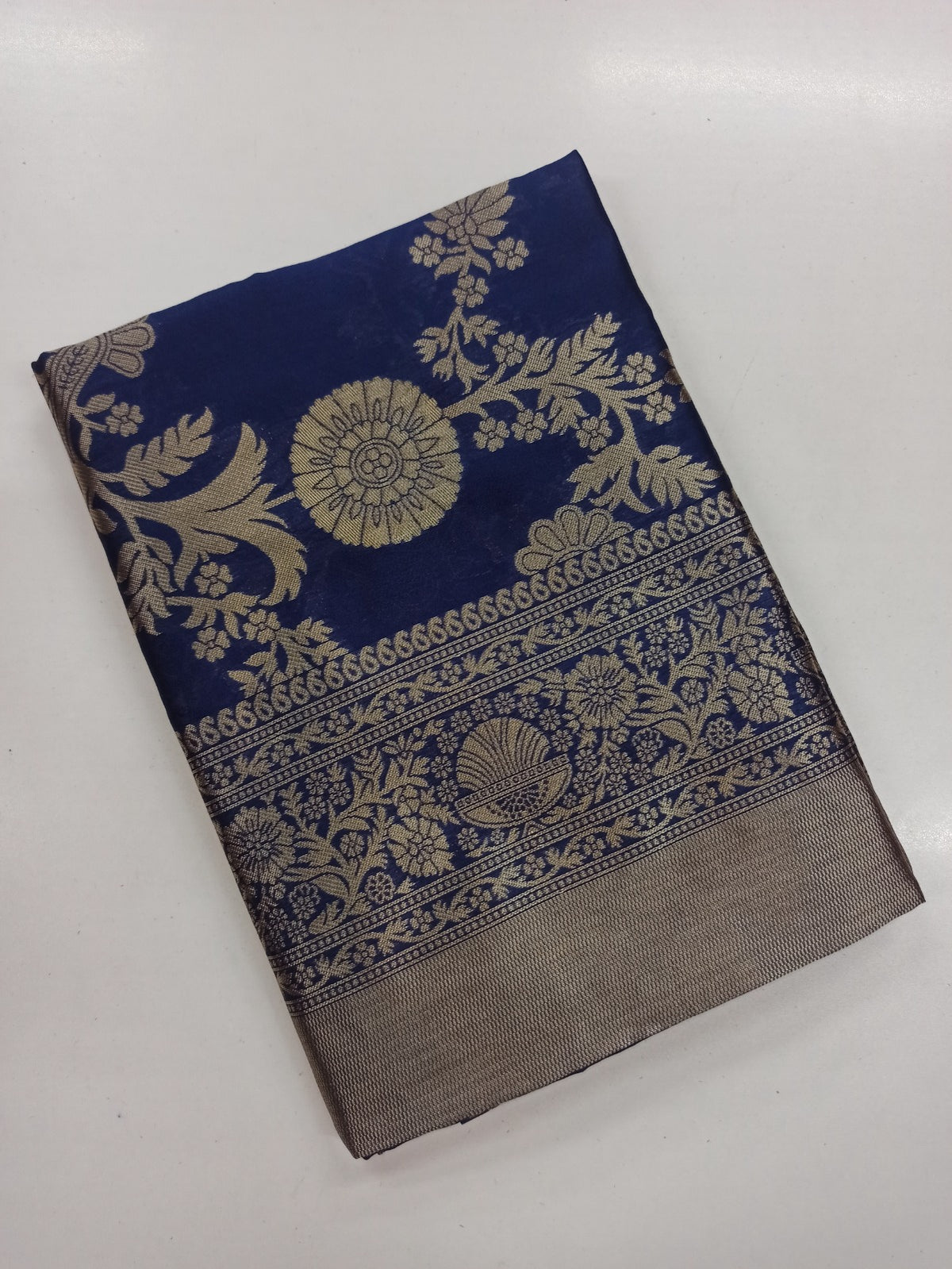 Navy Blue Lichi Silk Saree with Rich Golden Zari Work for Women