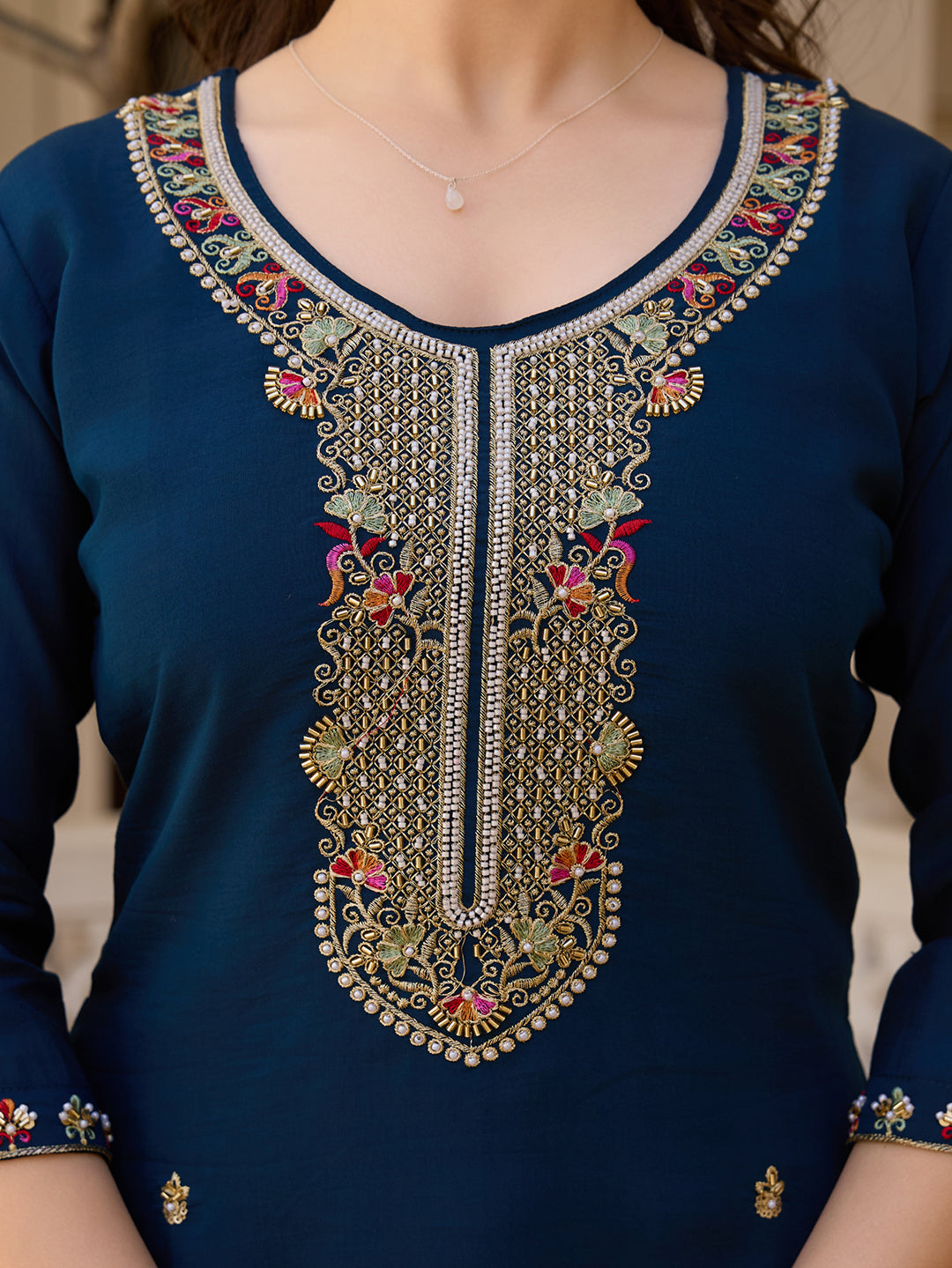 Navy Blue Threadwork Readymade Salwar Suit for Women
