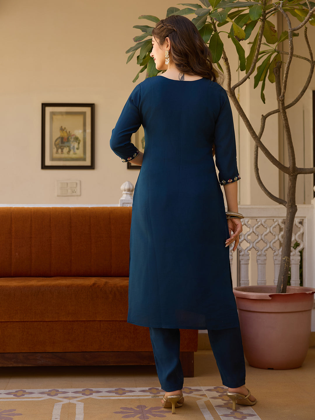 Navy Blue Threadwork Readymade Salwar Suit for Women