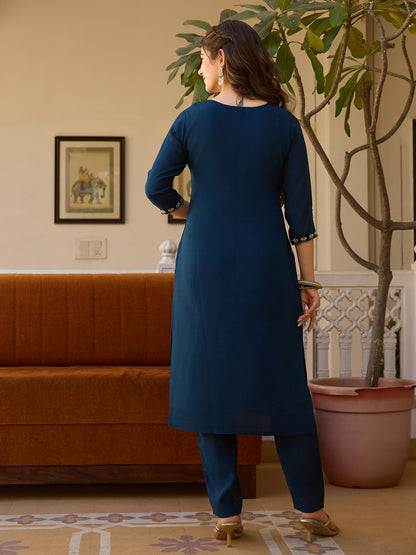 Navy Blue Threadwork Readymade Salwar Suit for Women