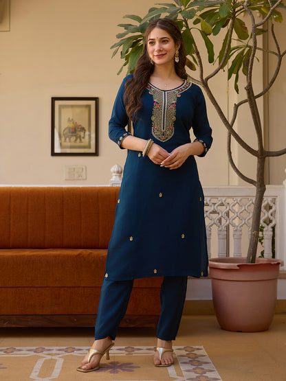 Navy Blue Threadwork Readymade Salwar Suit for Women