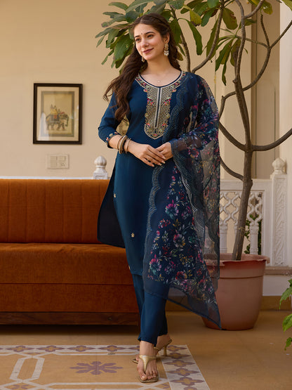 Navy Blue Threadwork Readymade Salwar Suit for Women