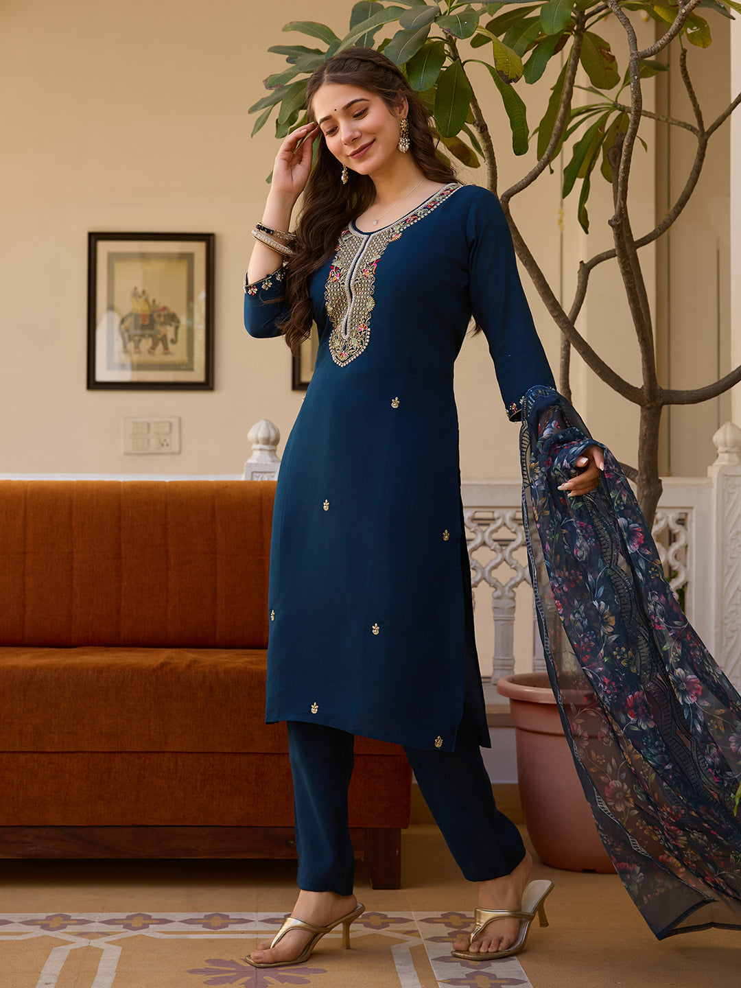 Navy Blue Threadwork Readymade Salwar Suit for Women