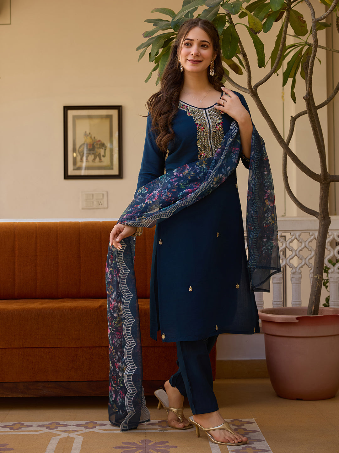 Navy Blue Threadwork Readymade Salwar Suit for Women