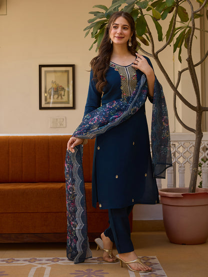 Navy Blue Threadwork Readymade Salwar Suit for Women