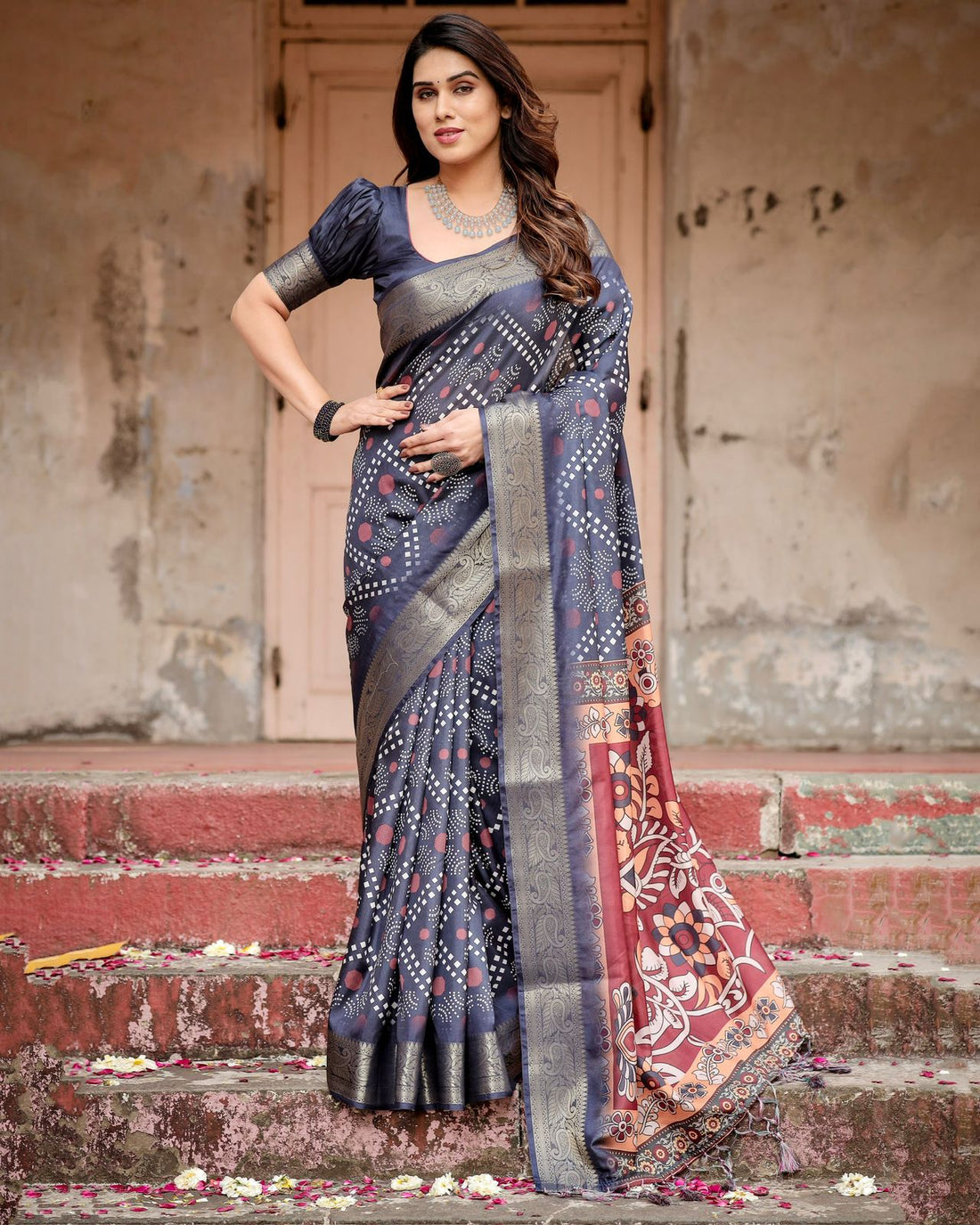Navy Blue Tussar Silk Saree for Women