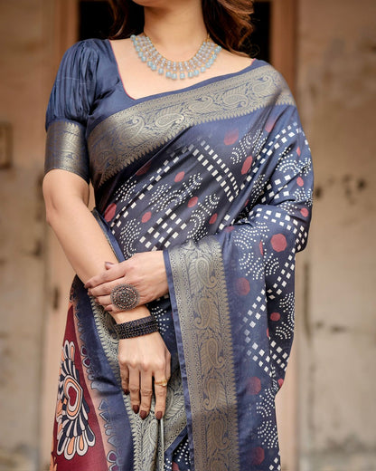 Navy Blue Tussar Silk Saree for Women