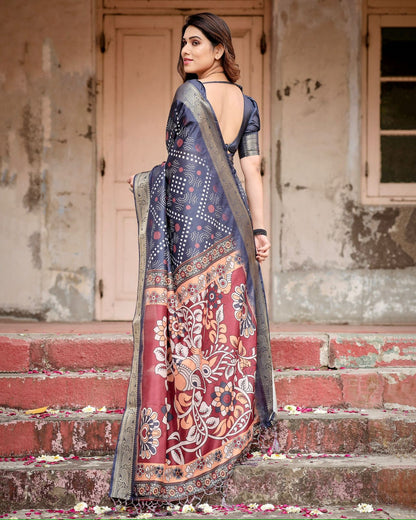 Navy Blue Tussar Silk Saree for Women