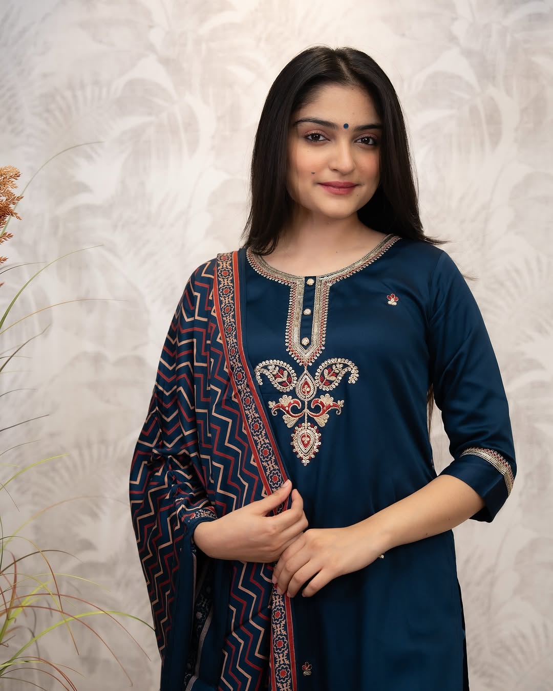 Navy Blue Chanderi Silk Kurta Set with Printed Dupatta for Women