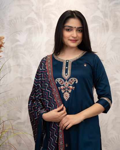 Navy Blue Chanderi Silk Kurta Set with Printed Dupatta for Women