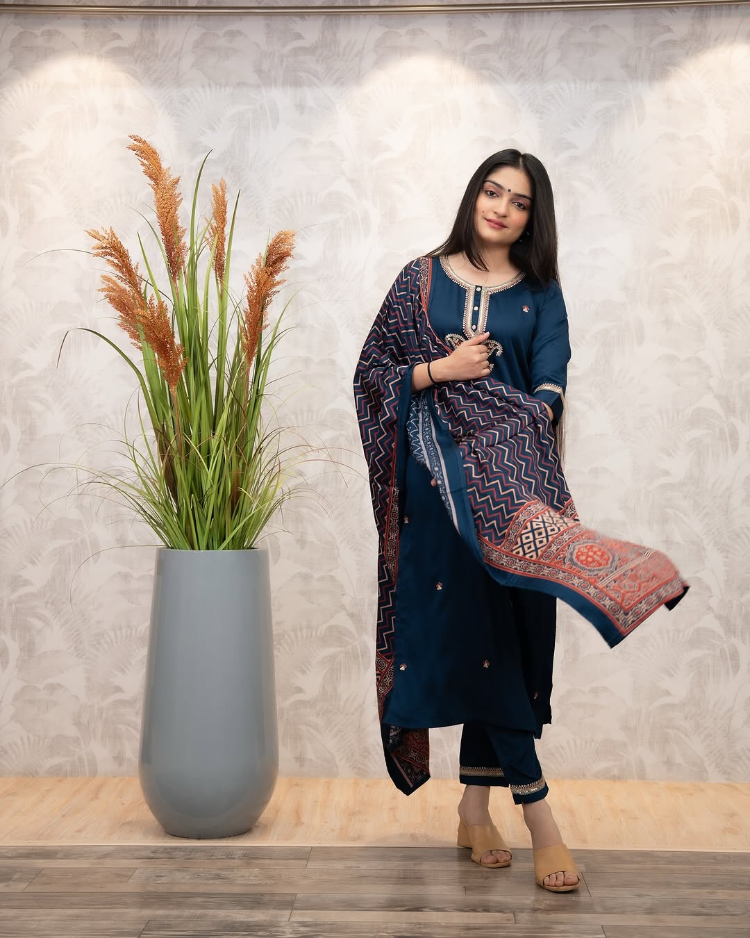 Navy Blue Chanderi Silk Kurta Set with Printed Dupatta for Women