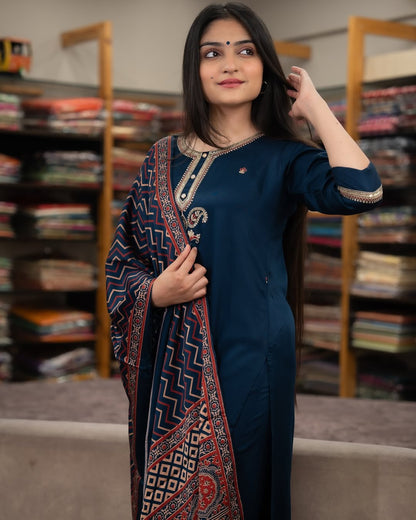 Navy Blue Chanderi Silk Kurta Set with Printed Dupatta for Women