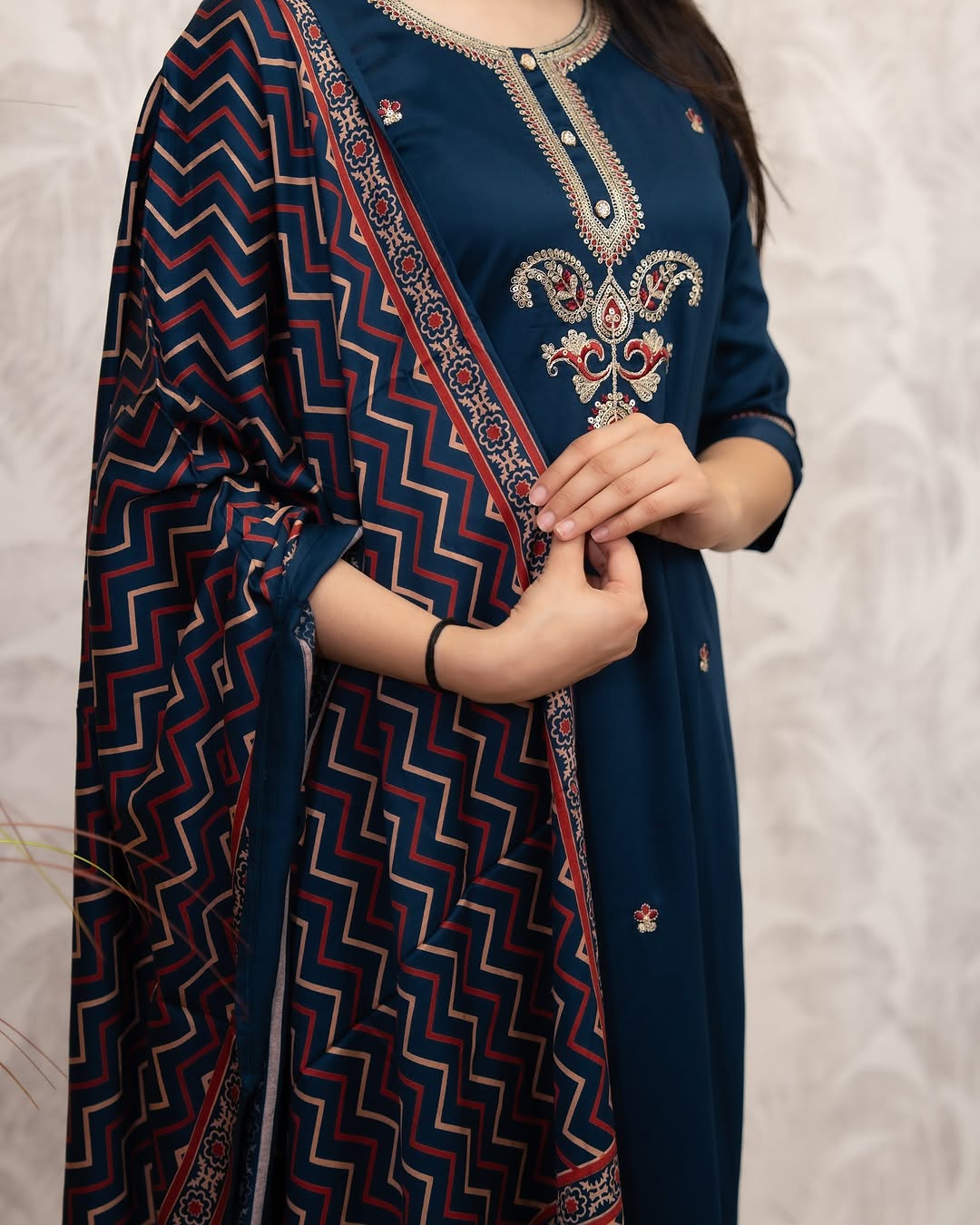 Navy Blue Chanderi Silk Kurta Set with Printed Dupatta for Women