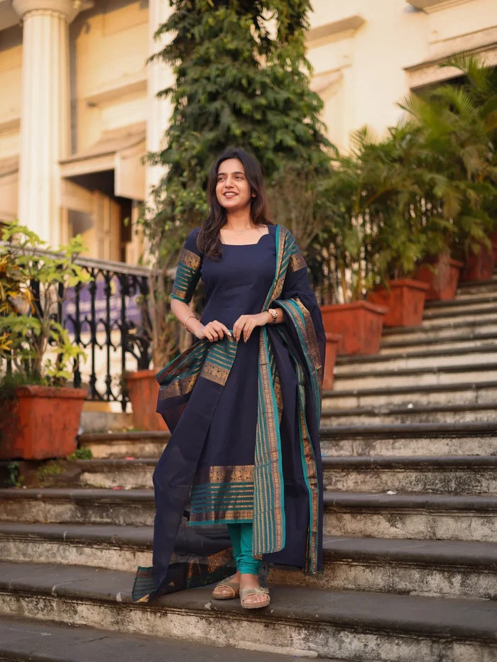 Navy Kanchi Cotton Kurti Set with Woven Dupatta