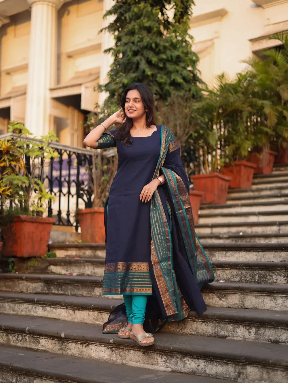 Navy Kanchi Cotton Kurti Set with Woven Dupatta for Women