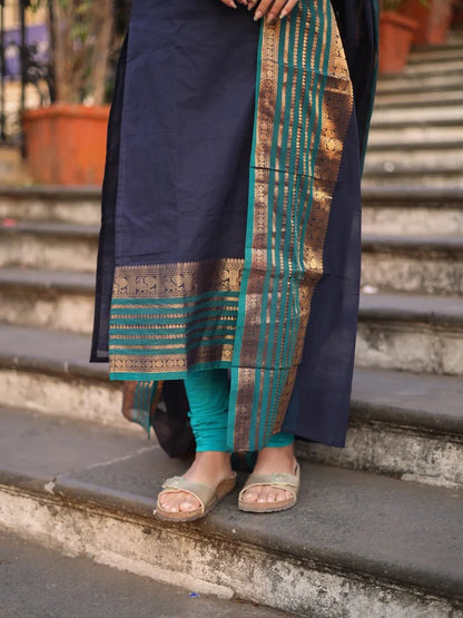 Navy Kanchi Cotton Kurti Set with Woven Dupatta for Women