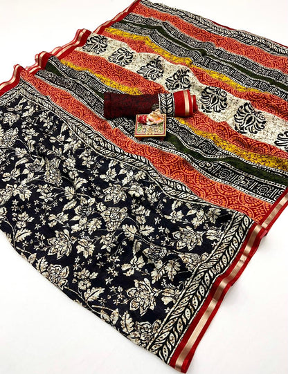 Navy Floral Digital Print Viscose Uppada Silk Saree for Women
