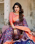 Navy Blue Floral Silk Saree with Peach Zari Border
