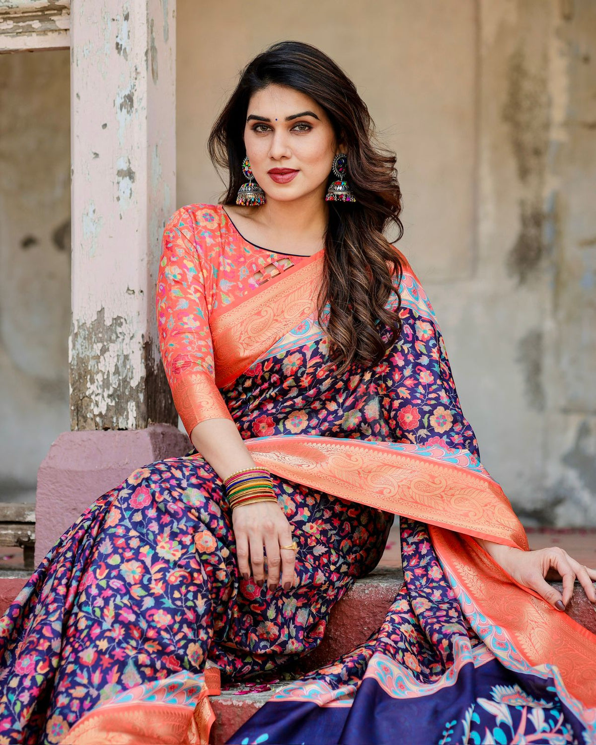 Navy Blue Floral Silk Saree with Peach Zari Border for Women