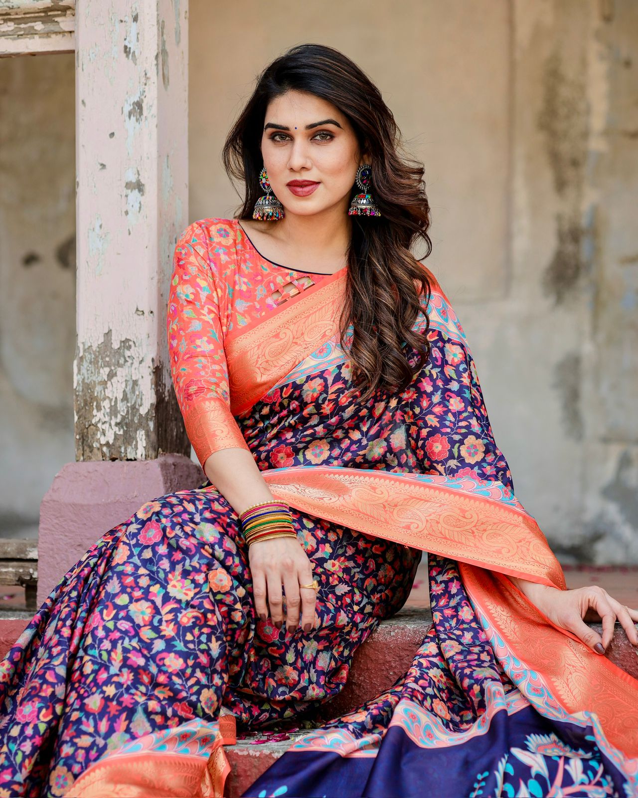 Navy Blue Floral Silk Saree with Peach Zari Border