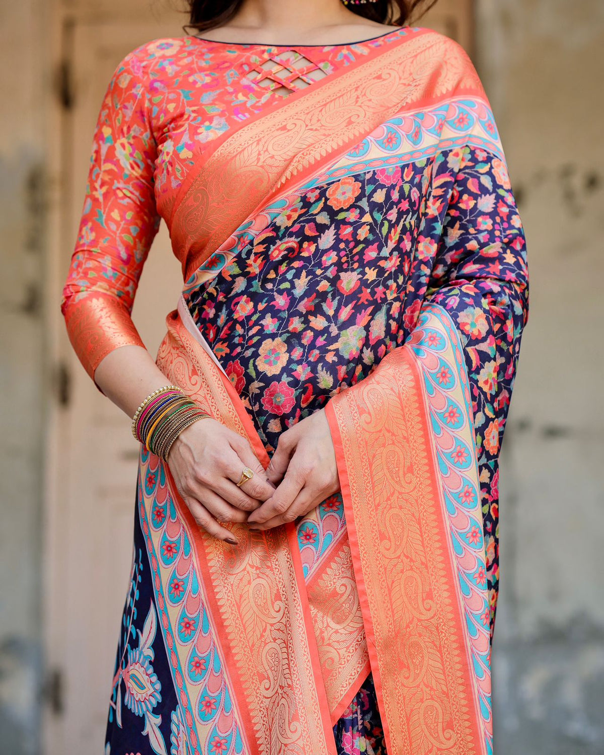 Navy Blue Floral Silk Saree with Peach Zari Border for Women