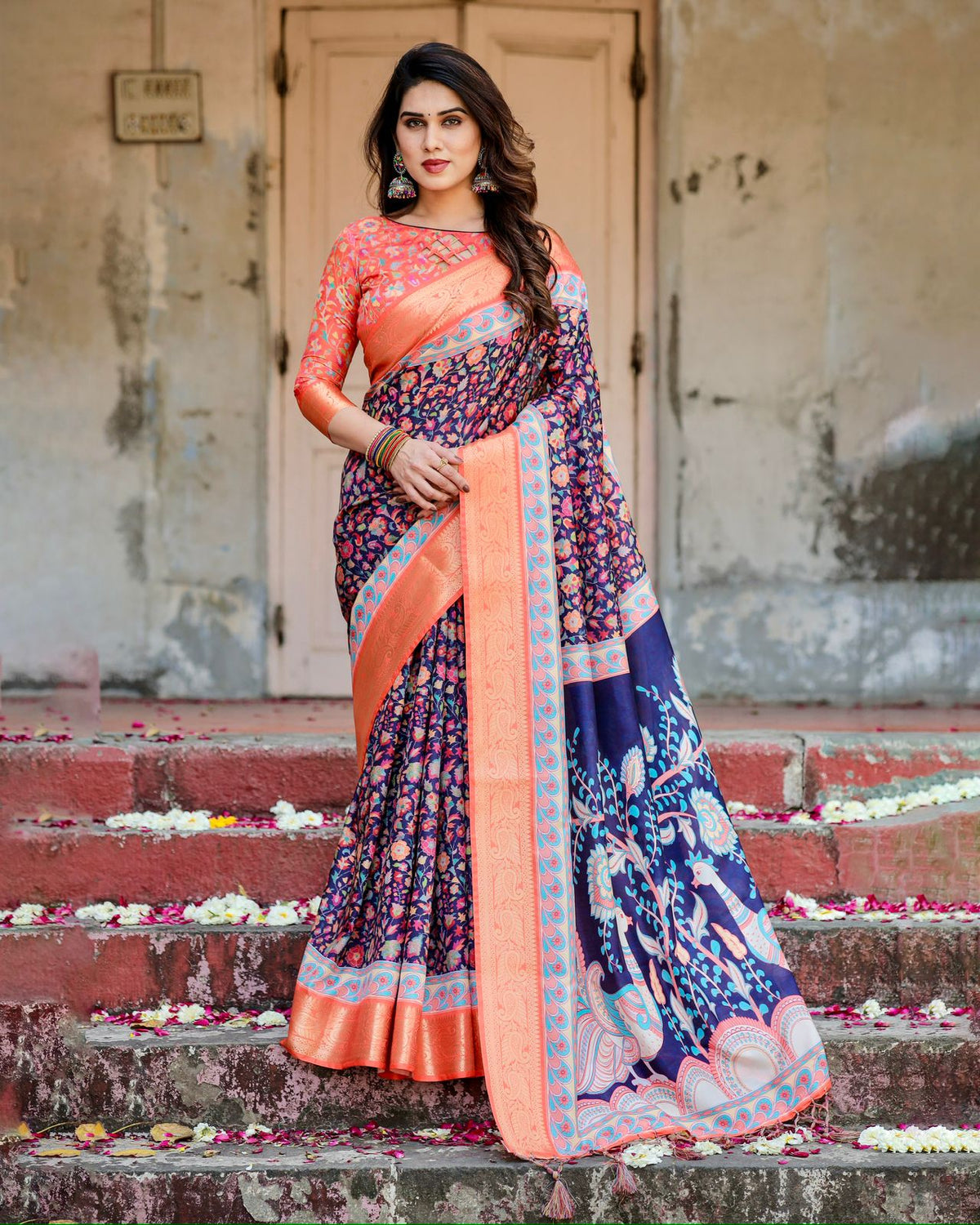 Navy Blue Floral Silk Saree with Peach Zari Border for Women