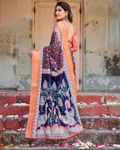 Navy Blue Floral Silk Saree with Peach Zari Border for Women