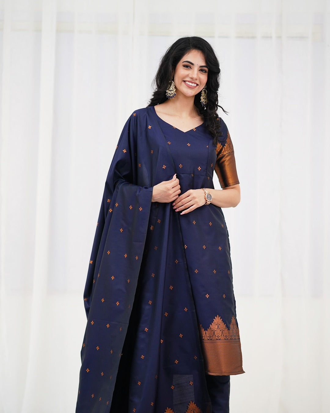 Royal Navy Silk Kurti Pant Set with Zari Dupatta