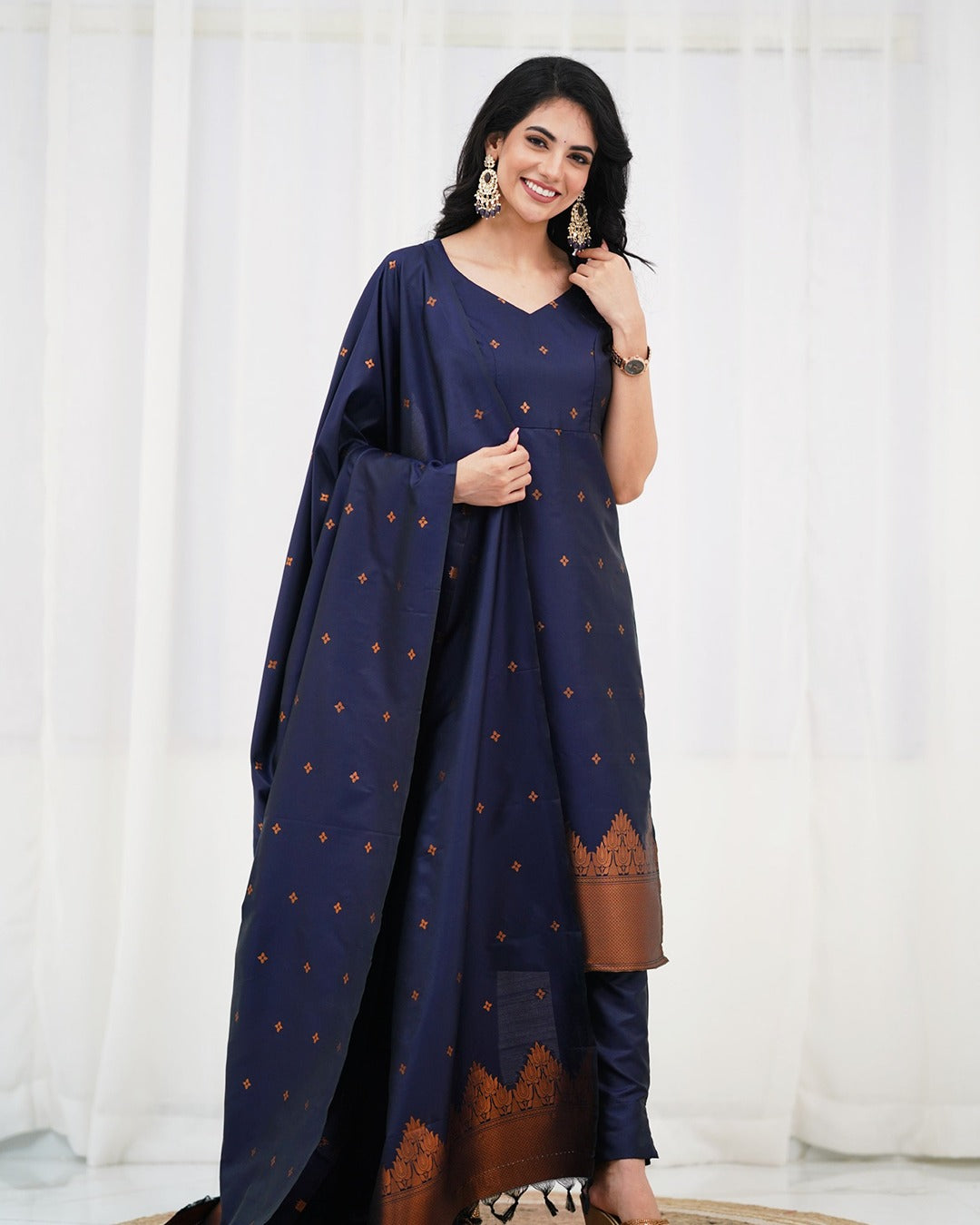 Royal Navy Silk Kurti Pant Set with Zari Dupatta for Women