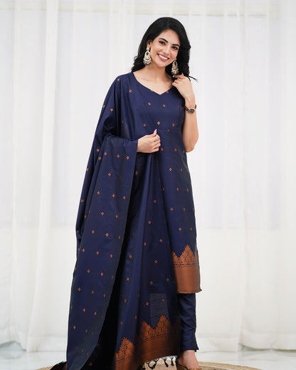 Royal Navy Silk Kurti Pant Set with Zari Dupatta for Women