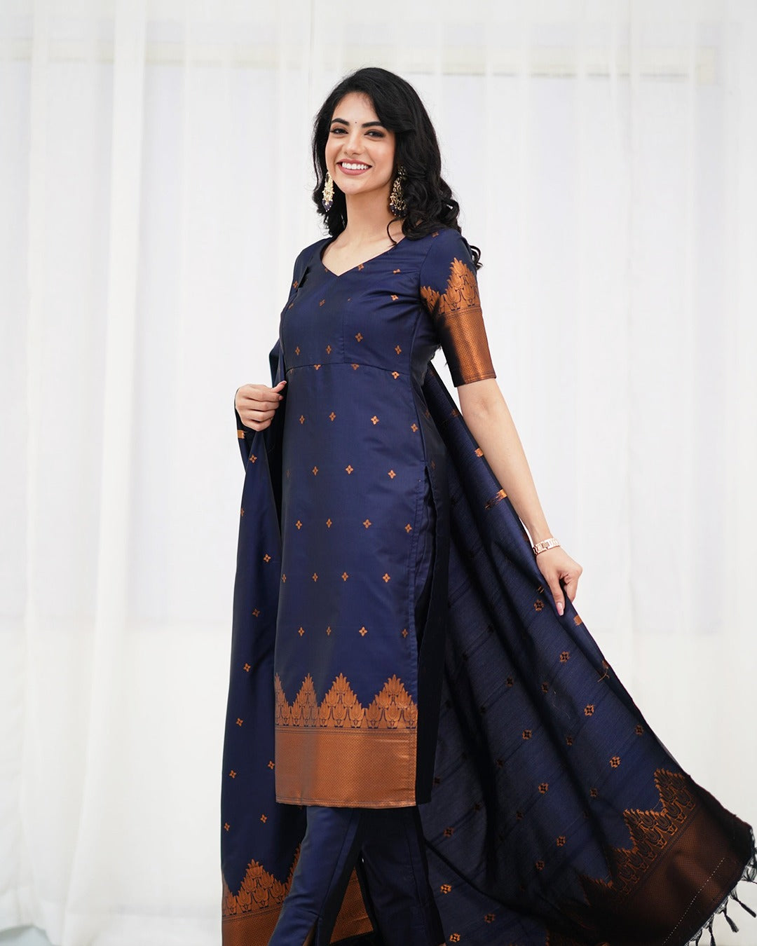 Royal Navy Silk Kurti Pant Set with Zari Dupatta for Women