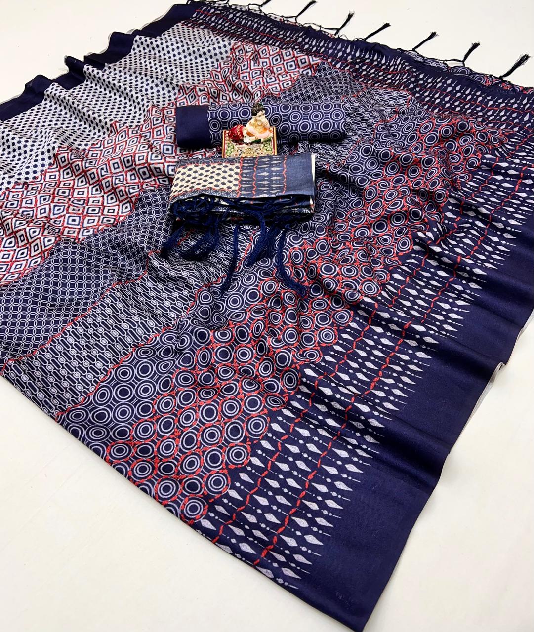 Navy Pashmina Printed Saree With Shawl And Blouse for Women