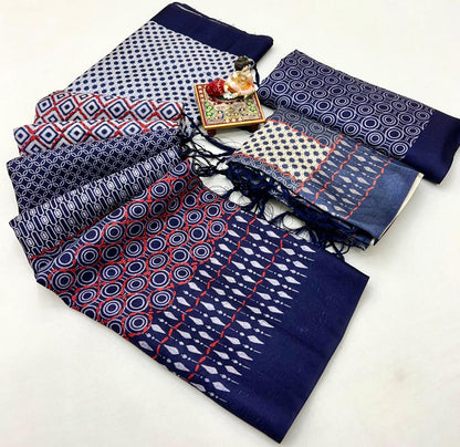 Navy Pashmina Printed Saree With Shawl And Blouse for Women
