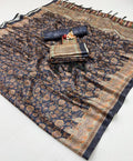 Navy Floral Pashmina Saree With Shawl & Blouse Piece