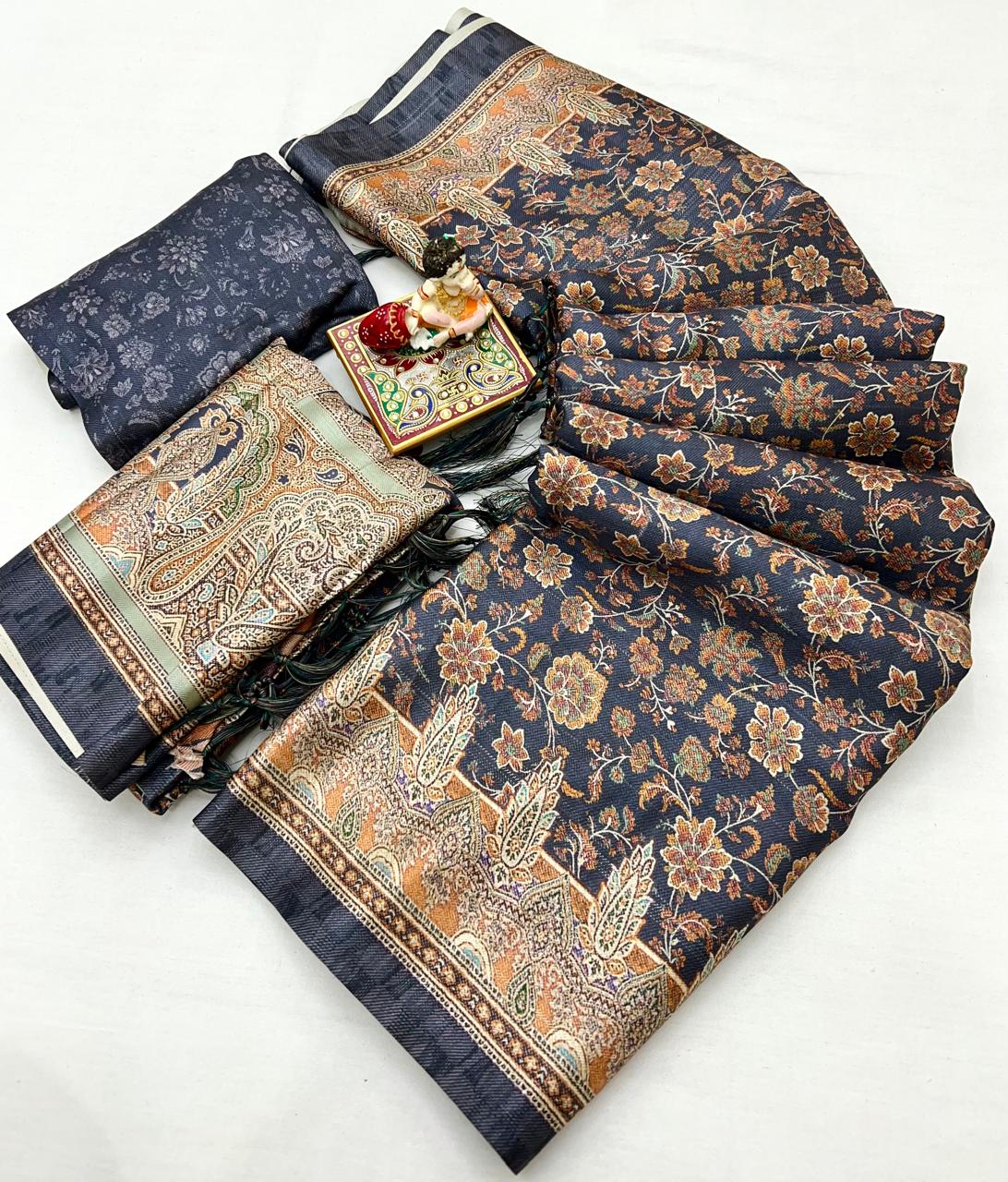 Navy Floral Pashmina Saree With Shawl &amp; Blouse Piece for Women