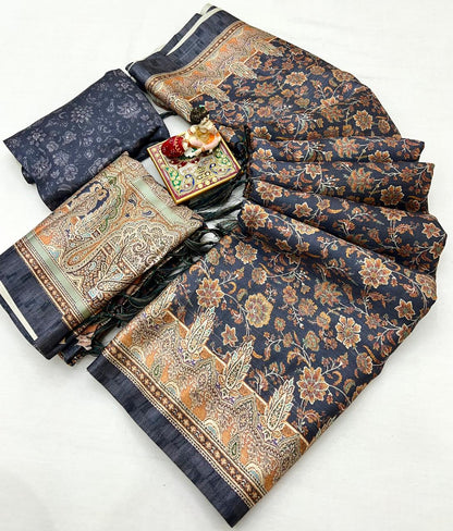 Navy Floral Pashmina Saree With Shawl &amp; Blouse Piece for Women