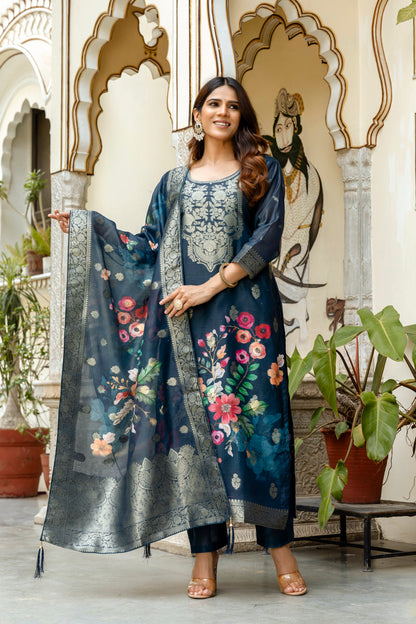 Navy Floral Woven Chanderi Kurti Pant Dupatta Set for Women