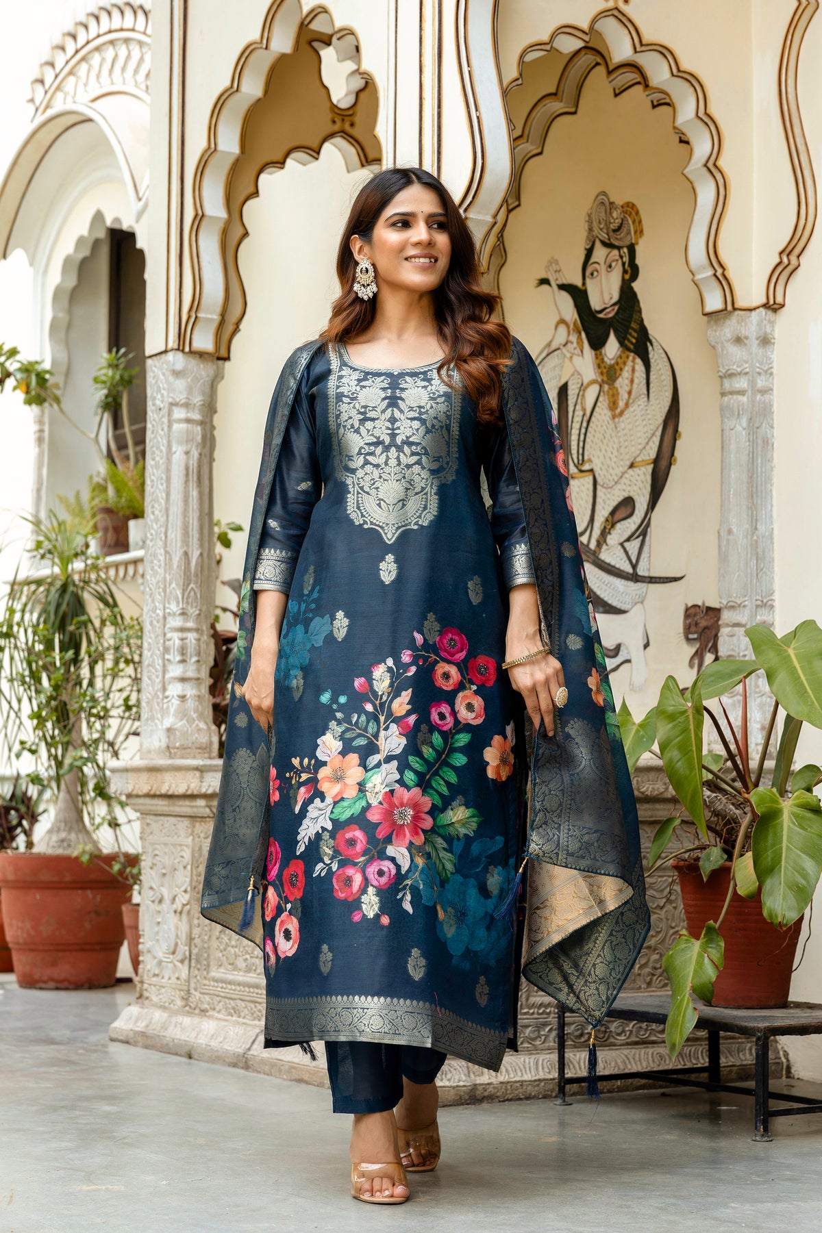 Navy Floral Woven Chanderi Kurti Pant Dupatta Set for Women