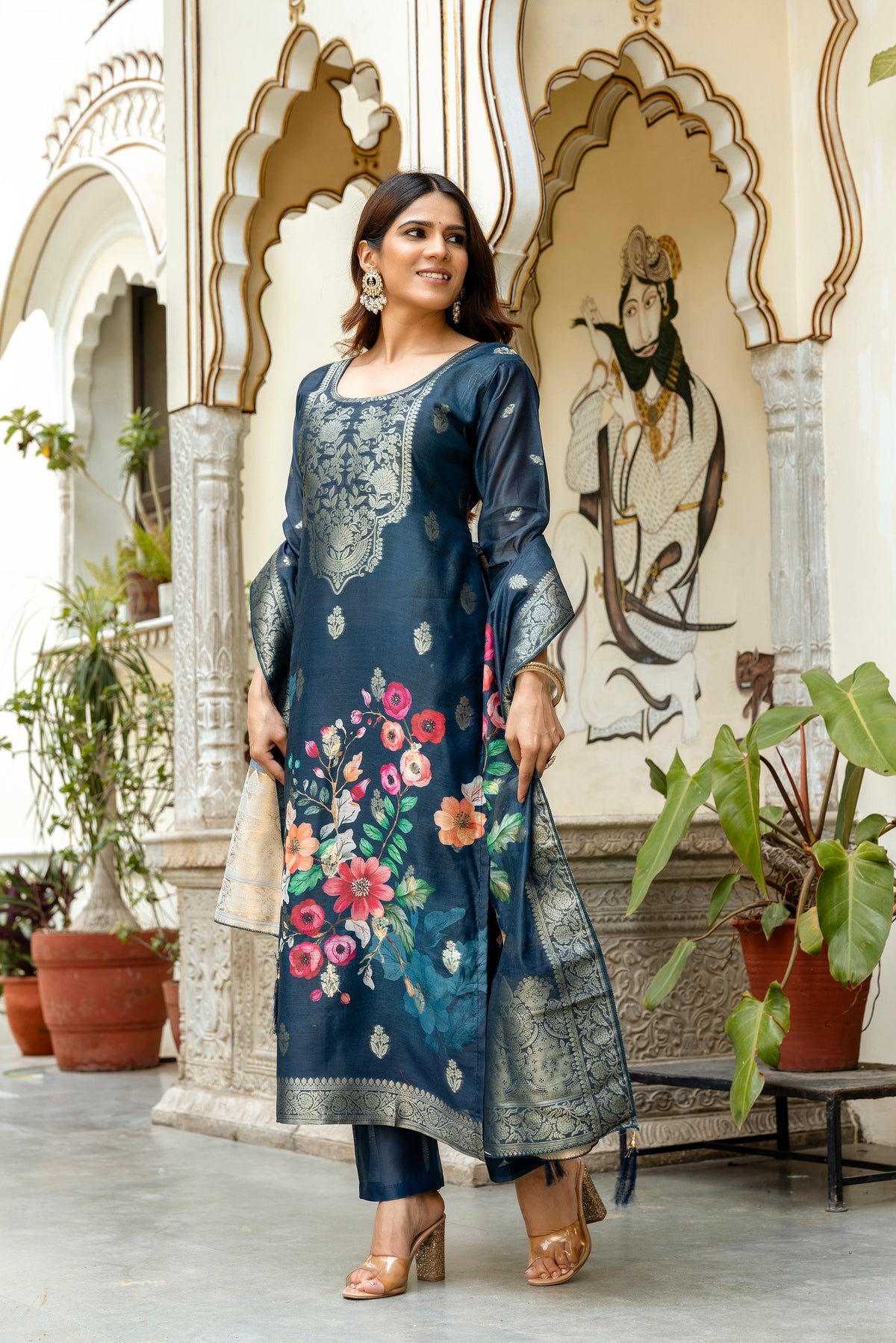 Navy Floral Woven Chanderi Kurti Pant Dupatta Set for Women