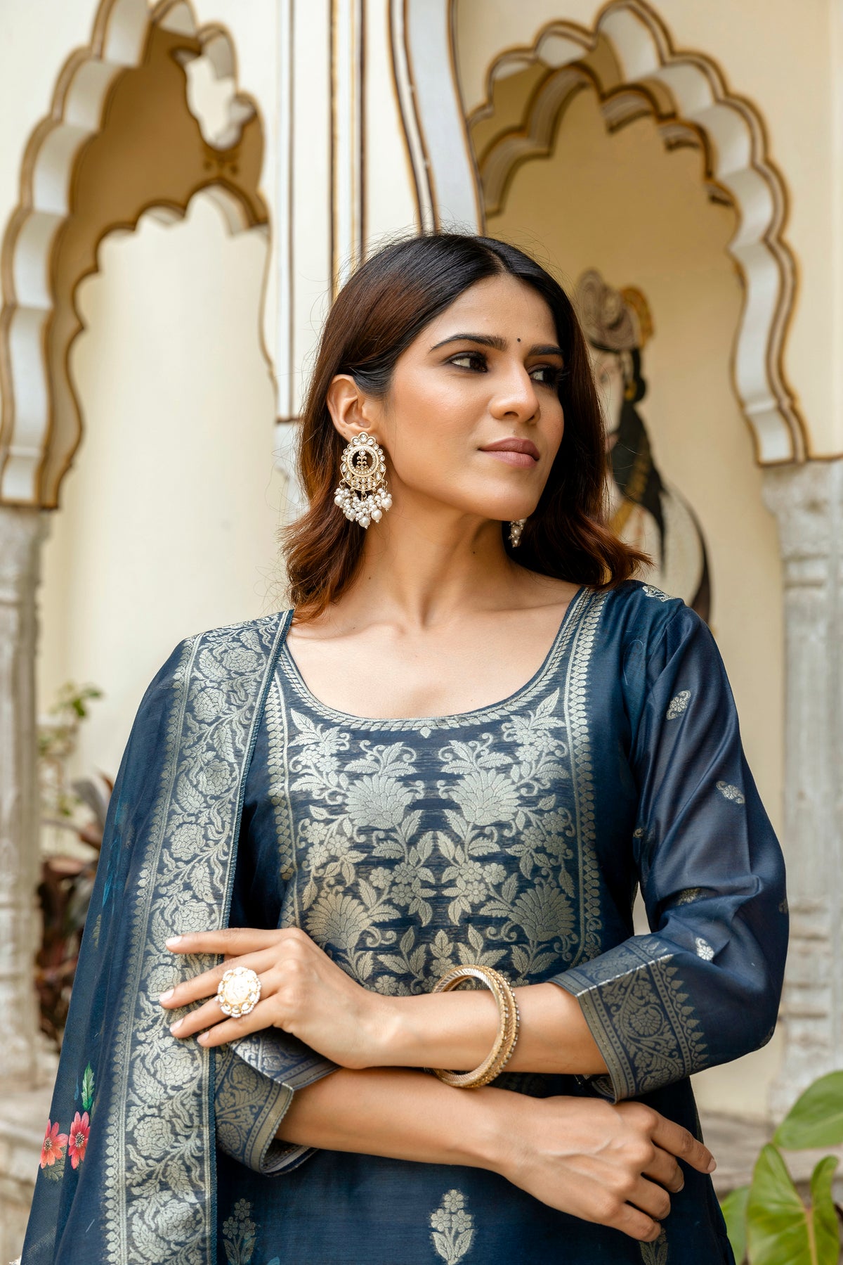 Navy Floral Woven Chanderi Kurti Pant Dupatta Set for Women