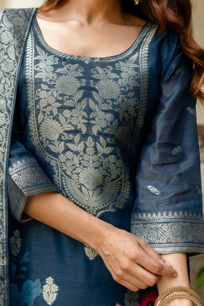 Navy Floral Woven Chanderi Kurti Pant Dupatta Set for Women