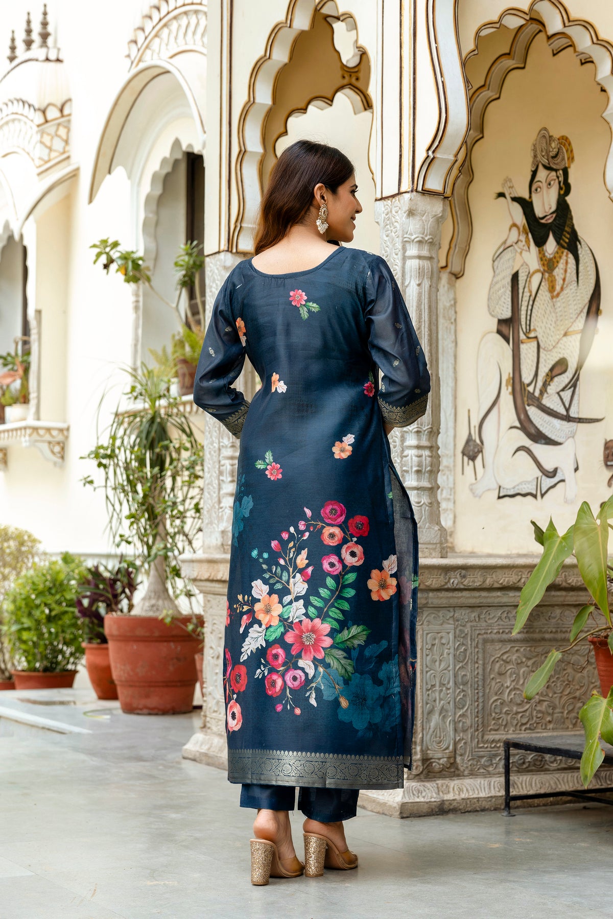 Navy Floral Woven Chanderi Kurti Pant Dupatta Set for Women