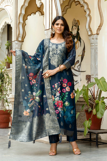 Navy Floral Woven Chanderi Kurti Pant Dupatta Set for Women