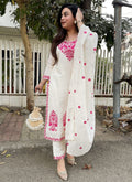 Off White Floral Embroidered Straight Suit Set