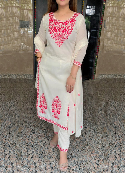 Off White Floral Embroidered Straight Suit Set for Women